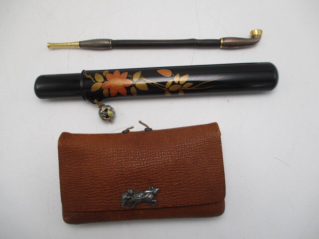キセル 煙管 金口 金吸い口 根付 煙草入れ 牛 牛方 煙草筒 蒔絵 緒締玉
