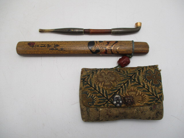 キセル 煙管 金口 金吸い口 根付 煙草入れ おかめ 鬼 煙草筒 在銘 島若薄忠