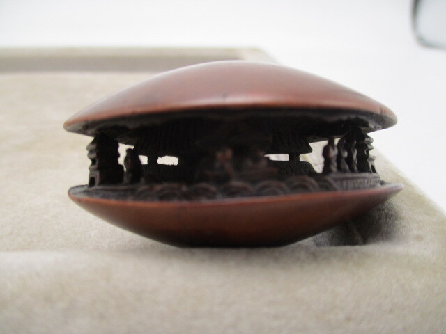 レトロ アンティーク 骨董品 根付 中国美術 貝 蛤 透かし彫り 木製